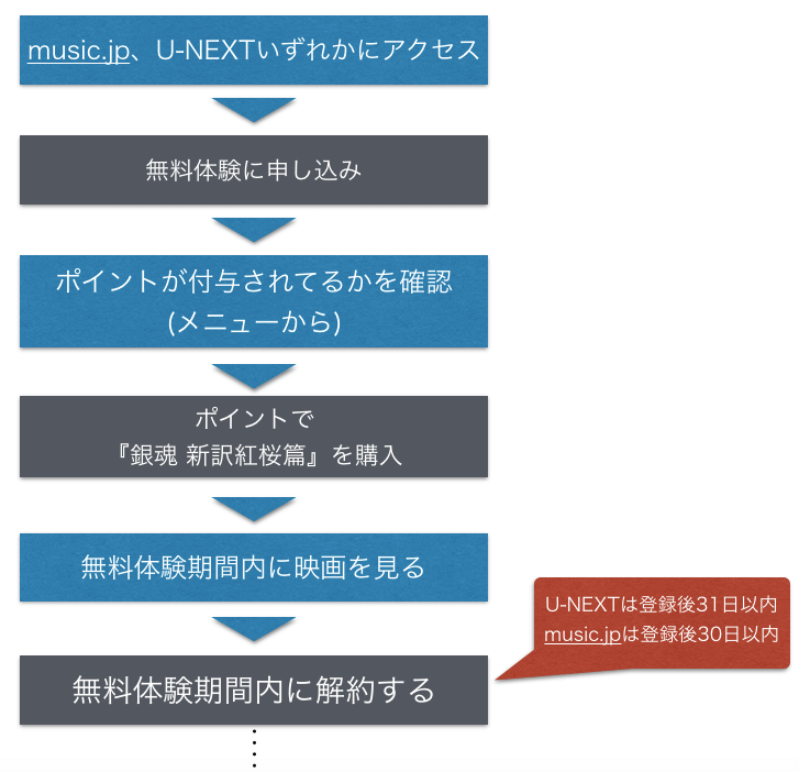 『銀魂 新訳紅桜篇』無料で映画フル動画を視聴する手順を示した図